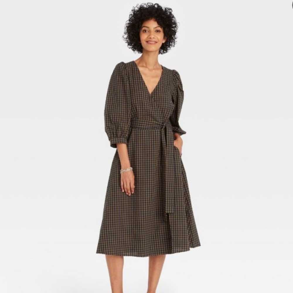 NWT Target Gingham 3/4 Sleeve Wrap Midi Dress